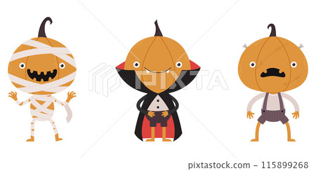 Cute pumpkin characters in a variety of Halloween costumes. Vector illustration 115899268