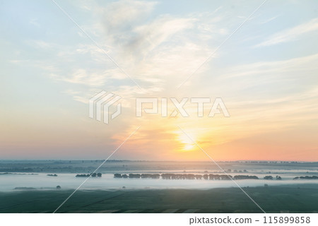 Morning foggy landscape in the field with trees at warm summer sunrise. Morning foggy landscape in the field with trees at warm summer sunrise. 115899858