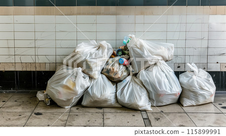 A pile of garbage bags stacked against the wall A pile of garbage bags stacked against the wall 115899991