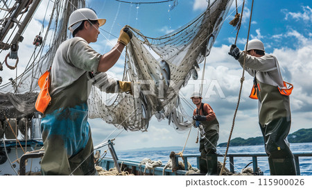 Japanese fishermen pulling their nets Japanese fishermen pulling their nets 115900026