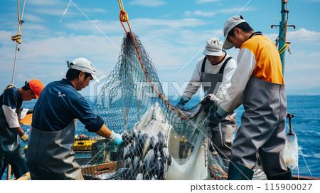 Japanese fishermen pulling their nets Japanese fishermen pulling their nets 115900027