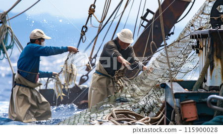 Japanese fishermen pulling their nets Japanese fishermen pulling their nets 115900028