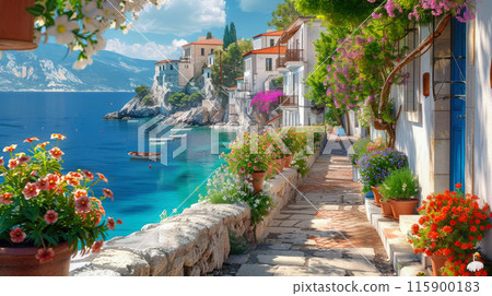 Old seaside city in Greece in summer, beautiful street with flowers and white houses against sea, sky and mountains. Concept of beach, resort and travel 115900183