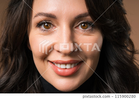 Stylish Brunette Woman Portrait, Close-Up. Natural Beauty. Mature Lady On Beige. Stylish Brunette Woman Portrait, Close-Up. Natural Beauty. Mature Lady On Beige. 115900280