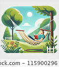 Relaxing outdoors in a hammock chair 115900296