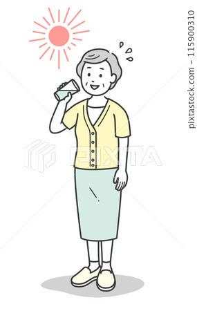 一位高級婦女在酷熱的烈日下補水的全身插圖 115900310