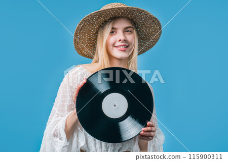 Young Blonde Woman With Vinyl Record Disc. Hobby, Music Lover, Collection 115900311