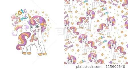 Unicorn with stars illustration and seamless pattern vector set 115900648
