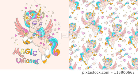 Unicorn with hearts illustration and seamless pattern vector set 115900662