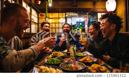 Foreign friends having fun at an izakaya 115901312