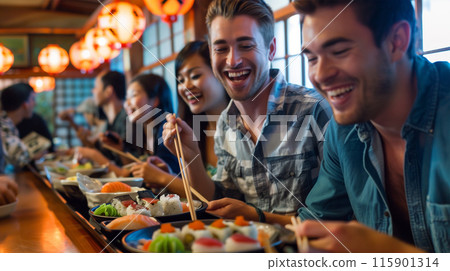 Foreign friends having fun at an izakaya 115901314