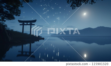 月光下的日本河岸，螢火蟲翩翩起舞的夜晚 115901320