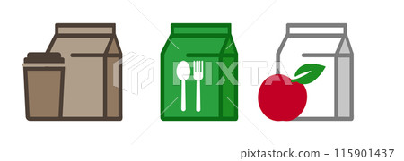 Paper bag lunch breakfast brown coffee cup spoon fork apple symbol icon of take away snack 115901437