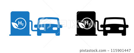 Hydrogen H2 car vehicle fuel pump station icon leaf round symbol in blue black color 115901447