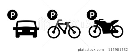 Parking sign P icon for car bike motorbike motorcycle black transparent isolated parking lot area symbol road sign signage 115901582