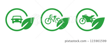 Car motorbike bike motorcycle bicycle in green leaves circle icon symbol of eco friendly environment green transportation Car motorbike bike motorcycle bicycle in green leaves circle icon symbol of eco friendly environment green transportation 115901599