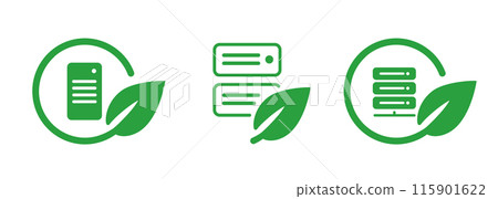 Eco friendly server data center technology with low efficient electricity power consumption green leaf leaves set icon Eco friendly server data center technology with low efficient electricity power consumption green leaf leaves set icon 115901622