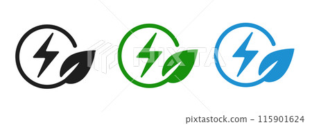 Icon symbol of green electricity eco environmental friendly power source thunder bolt in leaves circle 115901624