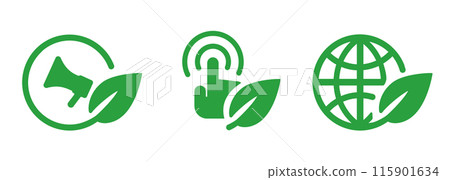 Eco sustainable campaign internet digital marketing of ecology issues green leaf leaves set icon of megaphone hand click and internet globe 115901634