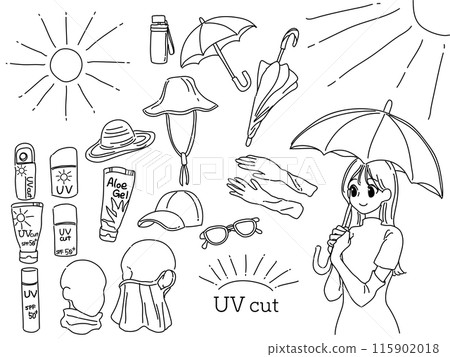 Illustration set of a woman using UV protection goods (line drawing) Illustration set of a woman using UV protection goods (line drawing) 115902018