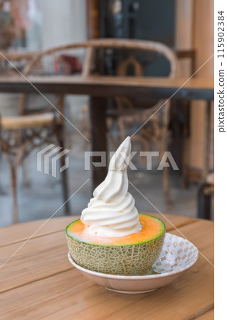 Hokkaido's famous melon soft serve ice cream, Yubari and Furano 115902384