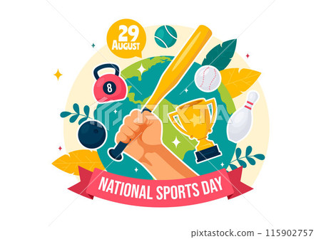 National Sports Day Vector Illustration featuring Athletes from Various Sports and Equipment in a Flat Style Cartoon Background 115902757