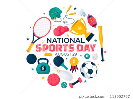 National Sports Day Vector Illustration featuring Athletes from Various Sports and Equipment in a Flat Style Cartoon Background National Sports Day Vector Illustration featuring Athletes from Various Sports and Equipment in a Flat Style Cartoon Background 115902767
