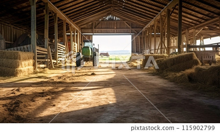 有拖拉機和秸稈的農夫穀倉,農業景觀 有拖拉機和秸稈的農夫穀倉,農業景觀 115902799