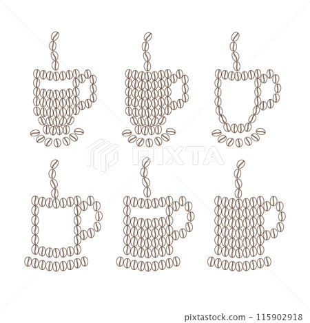Mugs made of outline coffee beans with steam in minimalistic style. Logo, Icon design idea. Set of 6 Mugs made of outline coffee beans with steam in minimalistic style. Logo, Icon design idea. Set of 6 115902918