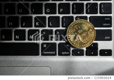 A golden bitcoin token on computer keyboard. A golden bitcoin token on computer keyboard. 115903024