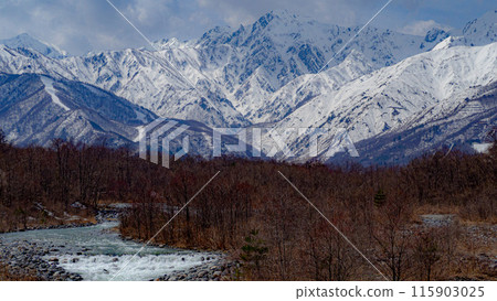 Snow-covered Northern Alps and Matsukawa River, Hakuba Village, Nagano Prefecture Snow-covered Northern Alps and Matsukawa River, Hakuba Village, Nagano Prefecture 115903025