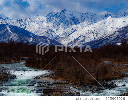Snow-covered Northern Alps and Matsukawa River, Hakuba Village, Nagano Prefecture Snow-covered Northern Alps and Matsukawa River, Hakuba Village, Nagano Prefecture 115903026