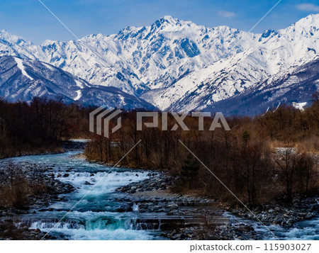Snow-covered Northern Alps and Matsukawa River, Hakuba Village, Nagano Prefecture Snow-covered Northern Alps and Matsukawa River, Hakuba Village, Nagano Prefecture 115903027