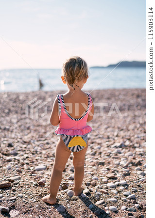 Little girl in a swimsuit stands on the beach. Back view. High quality photo Little girl in a swimsuit stands on the beach. Back view. High quality photo 115903114