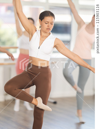 Cheerful slim active girl training various ballet poses during group classes with ballet dancers at barre in choreography studio Cheerful slim active girl training various ballet poses during group classes with ballet dancers at barre in choreography studio 115903116