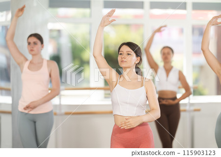 Teenage girl participating in beginner group ballet class Teenage girl participating in beginner group ballet class 115903123