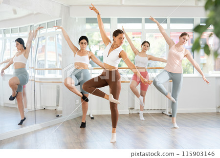Young girl practicing basic ballet movements in beginners class 115903146