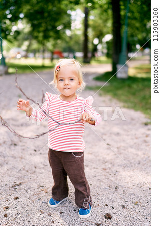 Little girl with a stick in her hands stands in the park. High quality photo Little girl with a stick in her hands stands in the park. High quality photo 115903160
