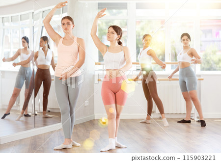 Two young girls demonstrating basic ballet positions 115903221