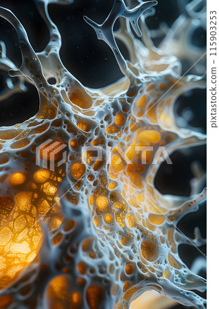 A macro photograph of a natural material sponge with electric blue bubbles, showcasing a beautiful pattern. This art captures the science of water and liquids interacting with a rocklike texture 115903253