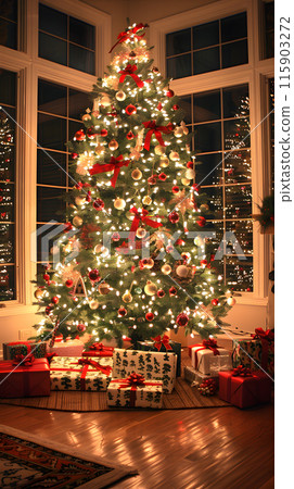 The evergreen Christmas tree stands tall in the living room, adorned with holiday ornaments and surrounded by presents. It adds a festive touch to the interior design of the home 115903272