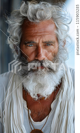 An elder man with curly hair and a beard is seen wearing a white scarf around his neck. His face shows no expression, just a hint of a moustache and some wrinkles 115903285