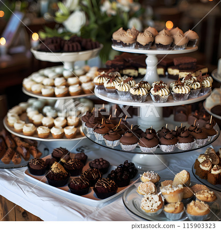 A variety of baked goods and pastries displayed on a table with colorful plates and serveware. The assortment includes cupcakes, cakes, and other delicious treats 115903323