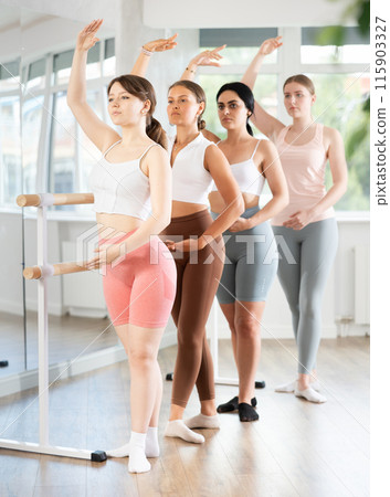Motivated girl mastering fourth position at ballet class Motivated girl mastering fourth position at ballet class 115903327