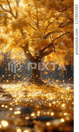 A plant with yellow leaves stands out in the midst of a lush natural landscape, surrounded by towering trees, grassy meadows, and shades of green and brown. People in nature can admire its beauty 115903365