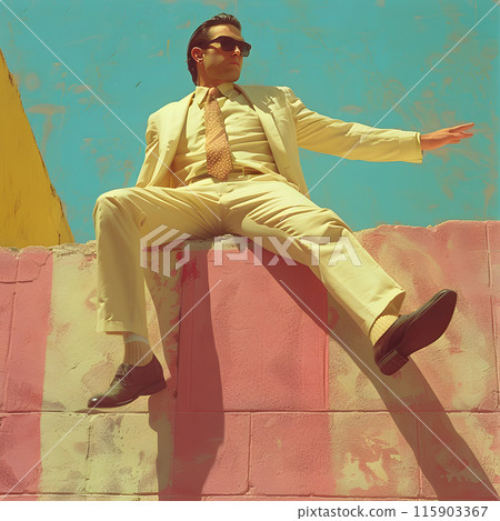 A man in a suit and tie, wearing sunglasses and a hat, sits on a wall at an event. His thumb casually rests on his tie, embodying a sense of fashion design and art in his performance 115903367