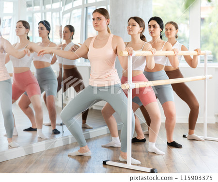 Young ballerinas practicing demi plie at barre in choreography studio 115903375