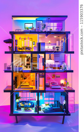 A rectangular building facade with a dollhouse cut in half displayed on a purple background. The shelf features electric blue shelving with artistic font publications and a window 115903376