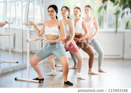 Young girl practicing plie position holding by ballet barre in group 115903386