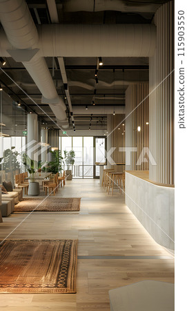 A long hallway in a building with hardwood flooring, adorned with a plush rug and lined with potted plants, showcases the wood stain of the flooring planks 115903550